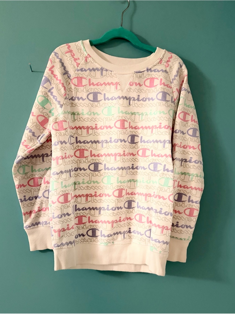 Champion Cream Crewneck Sweatshirt with Multicolor Logo Print